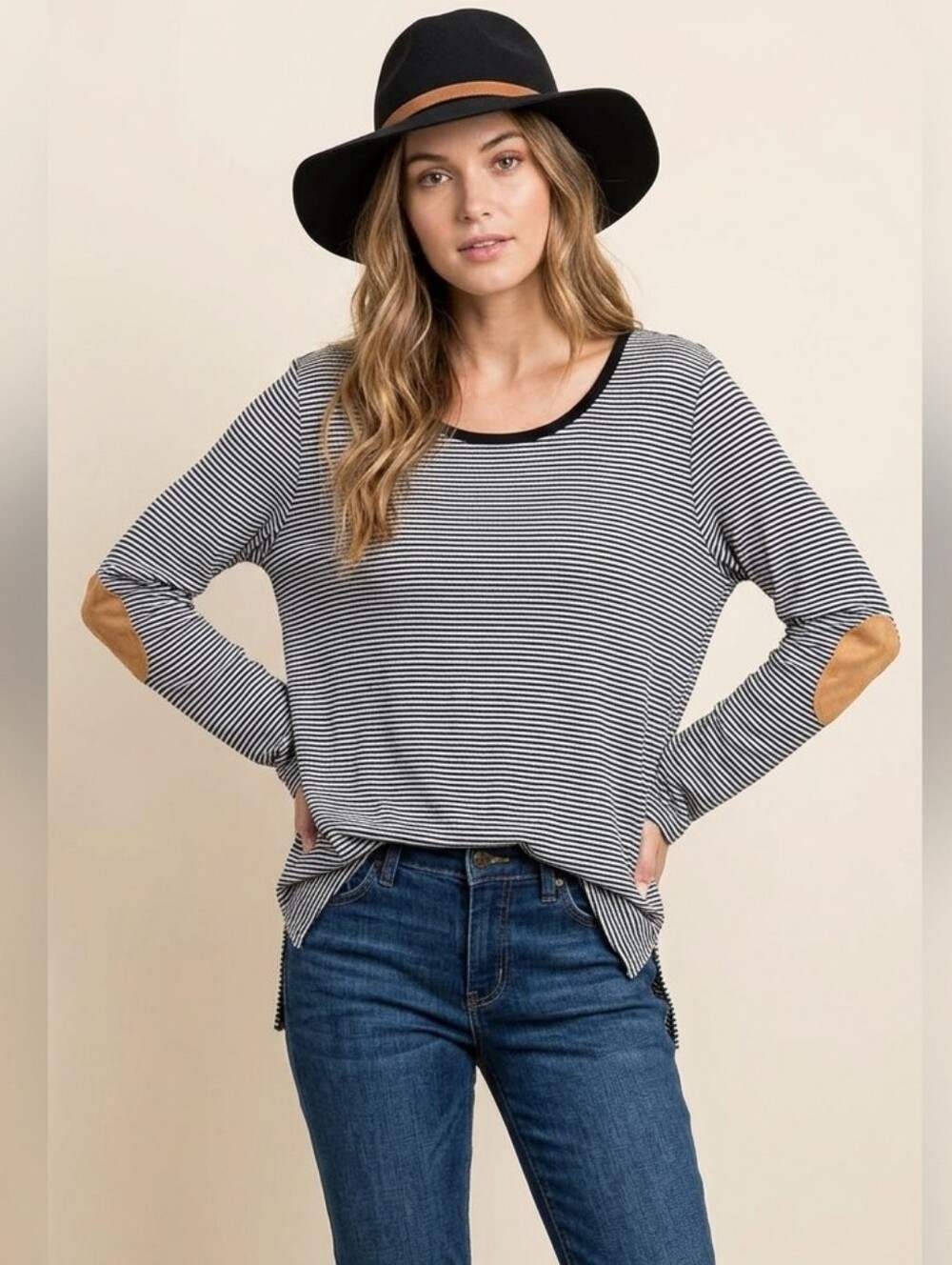 Maurices Striped Long Sleeve W/Vegan Suede Elbow Patches
